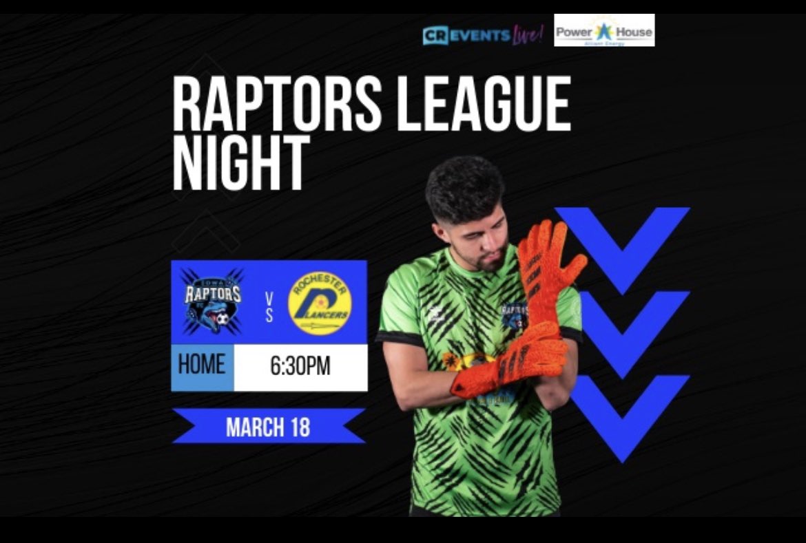 FINAL MENS HOME GAME OF THE SEASON THIS SATURDAY! 

Come join us for our playoff push! It’s so or die for your Raptors Men in their final 3 games of the season, all against the Rochester Lancers. 

Will we see you there?! 👊🏻