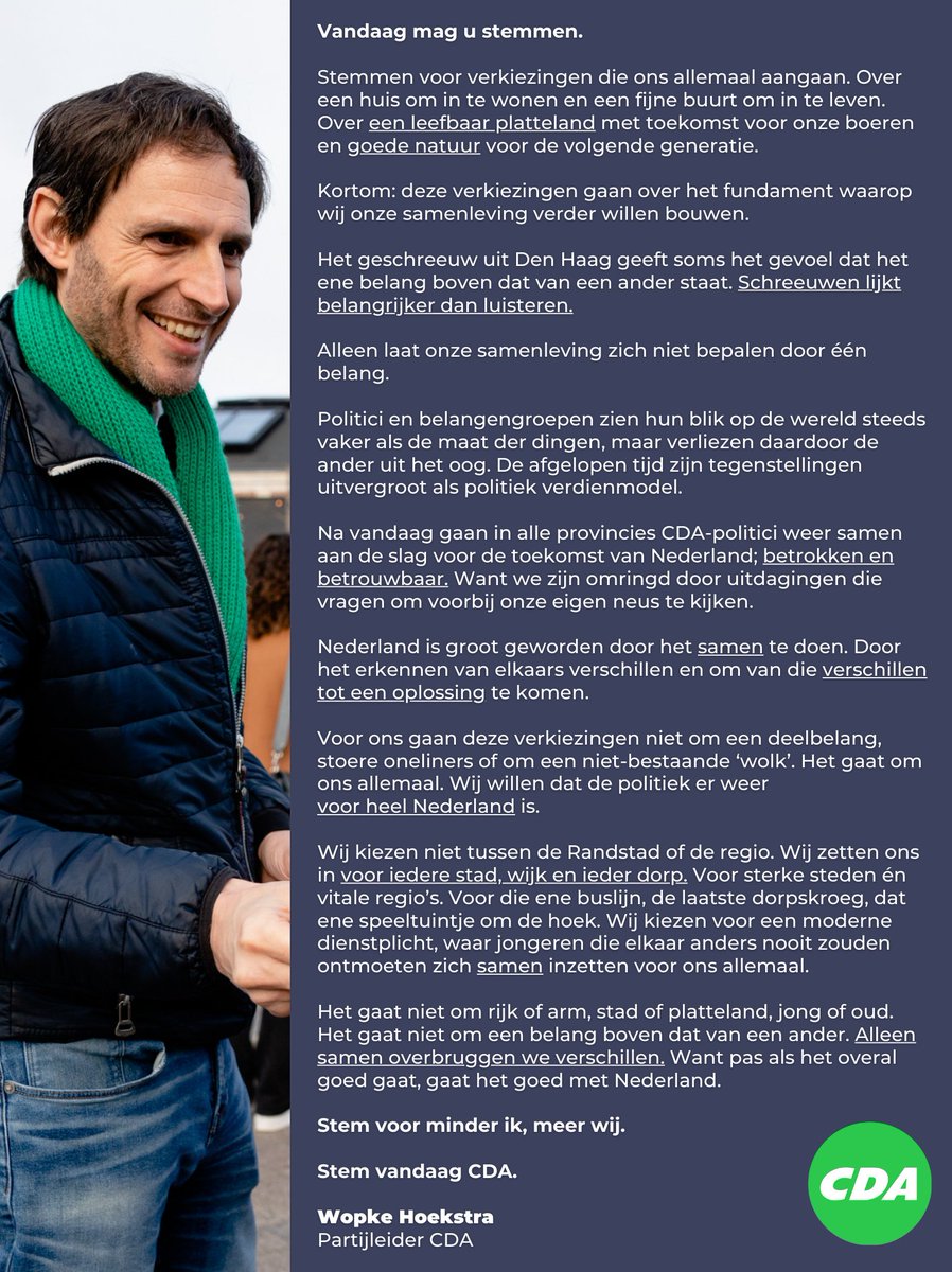 Stem voor minder ik, meer wij. 🤝

Stem vandaag #CDA! 💚