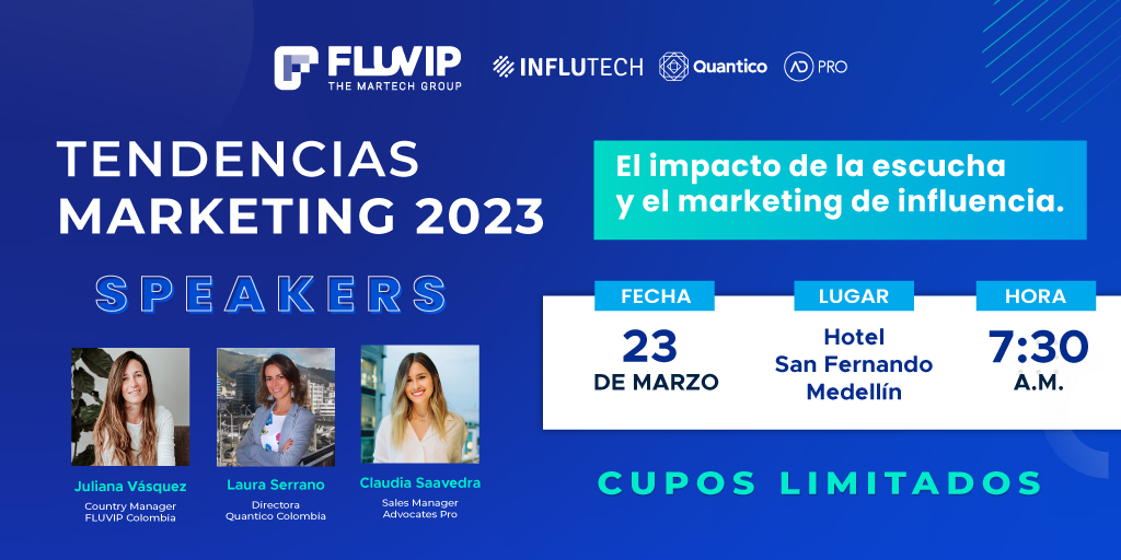 Este 23 de Marzo ven conocer las nuevas tendencias del marketing para el 2023. 

🚨 Cupos limitados. 🚨

Regístrate aquí 👉 eventos.fluvip.com

#influencermarketing #medellín #advocacymarketing #socialistening #eventogratuito #FLUVIP #DigitalTrends2023 #digitaltrends