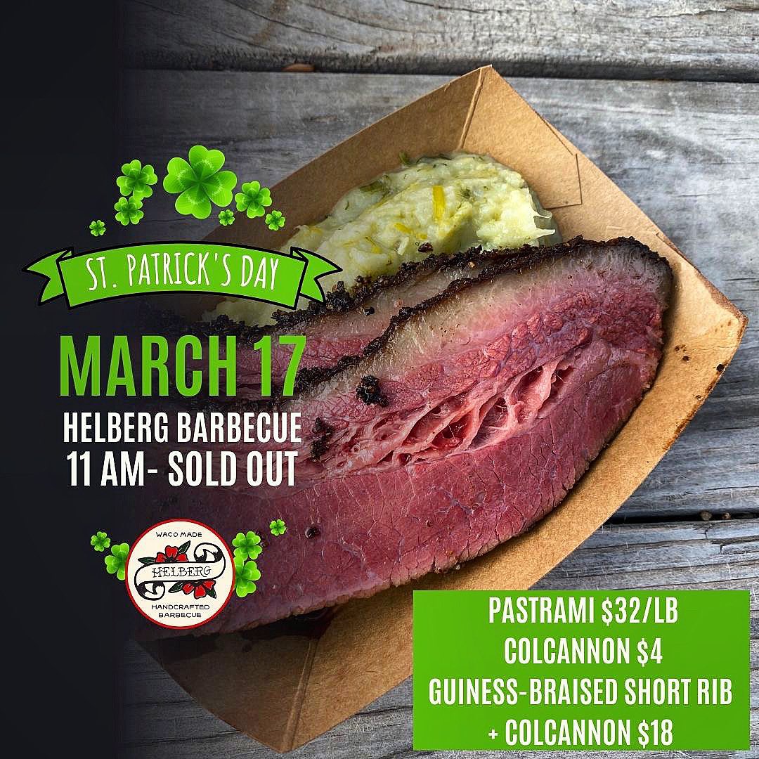 THIS FRIDAY! FREE beer (make it green if you please) live music, and St. Patty’s day specials—smoked pastrami brisket (make it a sandwich with some housemade marbled rye + mustard!) and <a href="/guinness/">Guinness</a> braised, smoked short ribs over colcannon mash. Available for lunch and dinner.