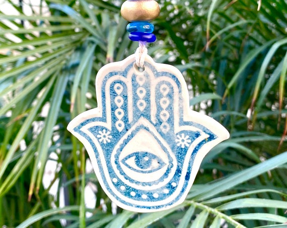 Ceramic Hamsa Hand Mobile, tinyurl.com/yk3qaclg via <a href="/EtsySocial/">EtsySocial</a> #zencatpottery #etsysocial #handofGodIslam #Judaicahandmade