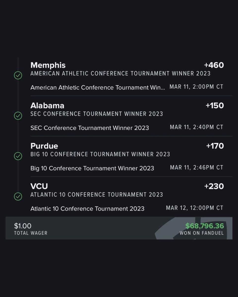 br_betting's tweet photo. CORRECTLY PREDICTED NINE CONFERENCE TOURNEY WINNERS FOR $68K 😱

HOW?!?!

(via @cgreen1ee @FDSportsbook) https://t.co/uBRV2kQZJV