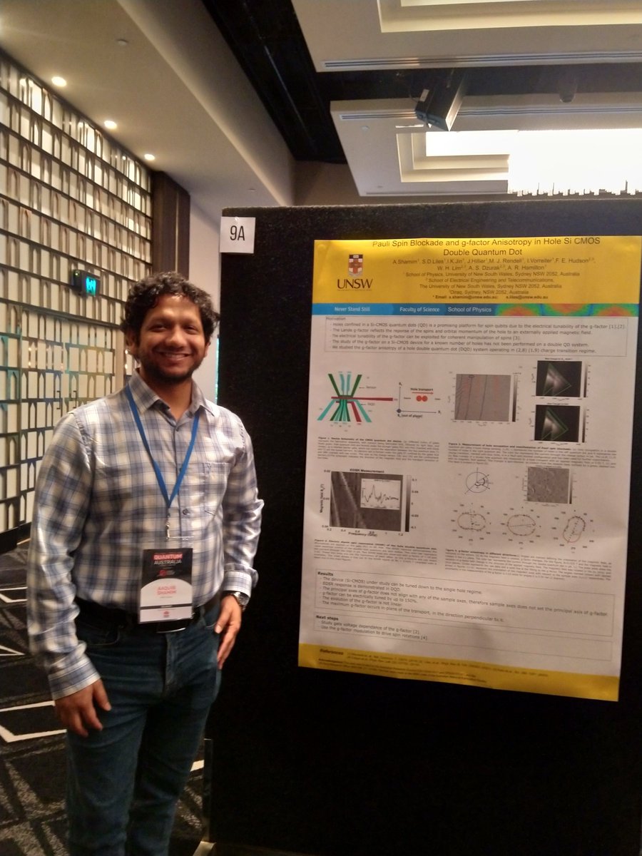 QEDUNSW's tweet photo. Congratulations to @AaquibShamim , winner of the $500 People’s Choice Award, for garnering the most votes from @SydneyQuantum Australia attendees for his poster Pauli Spin Blockade and g-factor Anisotropy in Hole Si CMOS Double Quantum Dot. https://t.co/PnGD3VFhS3