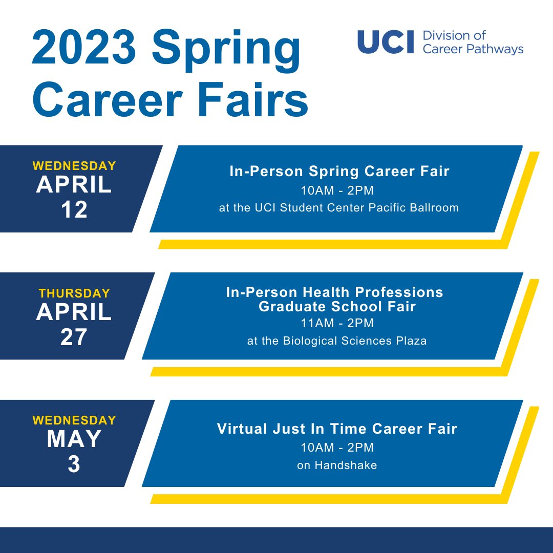 3 career fairs are happening this spring quarter! SAVE THE DATES and get yourself in front of hundreds of amazing employers in several industries who want to recruit students for full-time jobs and internships. #uci #ucipride #careergoals