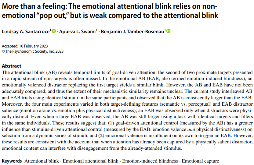 LASantacroce22's tweet photo. It's out!! Read my latest article, "More than a feeling: The emotional attentional blink relies on non-emotional “pop out,” but is weak compared to the attentional blink", here 👇
https://t.co/QPPlVX5SdJ https://t.co/kVe2fV7g5i