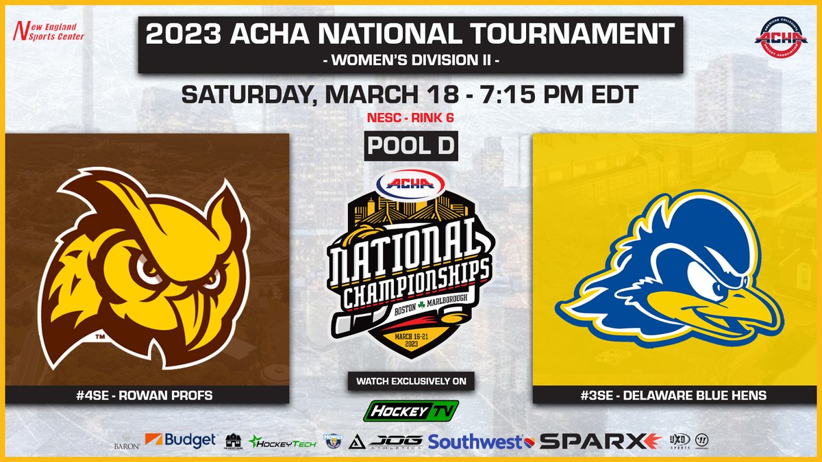 ACHAWomensD2's tweet image. 𝗣𝗢𝗢𝗟 𝗣𝗟𝗔𝗬 𝗚𝗔𝗠𝗘 𝟮𝟰 𝗦𝗧𝗔𝗥𝗧𝗜𝗡𝗚 𝗦𝗢𝗢𝗡
🏒 @RowanWIceHockey (away) vs. @UDWomensHockey (home)
⏰ 7:15pm
📍 Rink 6 @NESportCenter 
🎦 @MyHockeyTV hockeytv.com/event/2954/sch…
#ACHANationals #ACHAW2 #PoolD