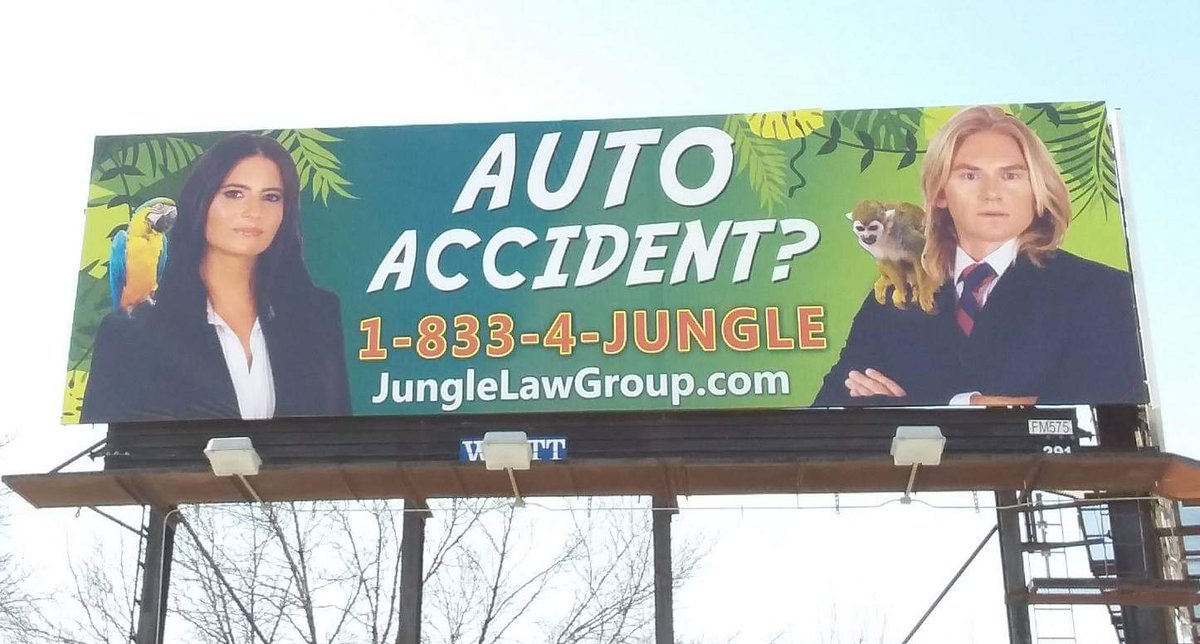 IAmNotRowanA's tweet photo. 10 most out of pocket things I saw on #route70. (5/10)

5. @junglelawgroup - This feels hella racist. Can't 100% say why but it's gotta be. Also, when I roll up to your joint, after getting into a traumatic accident, and I see no parrot, I'ma be so sad. 10 outta 10 pockets. https://t.co/kNlUmREMP8