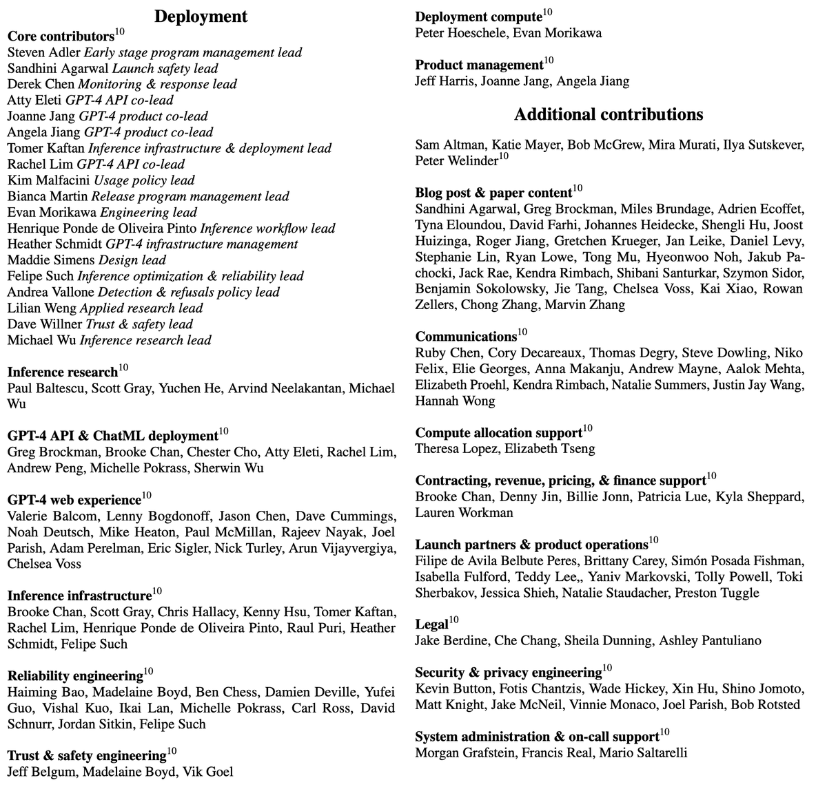 The "authorship" section of the GPT-4 paper reads like a Pixar movie credits.

Slightly  disappointed that there is no "Production Babies" section.
