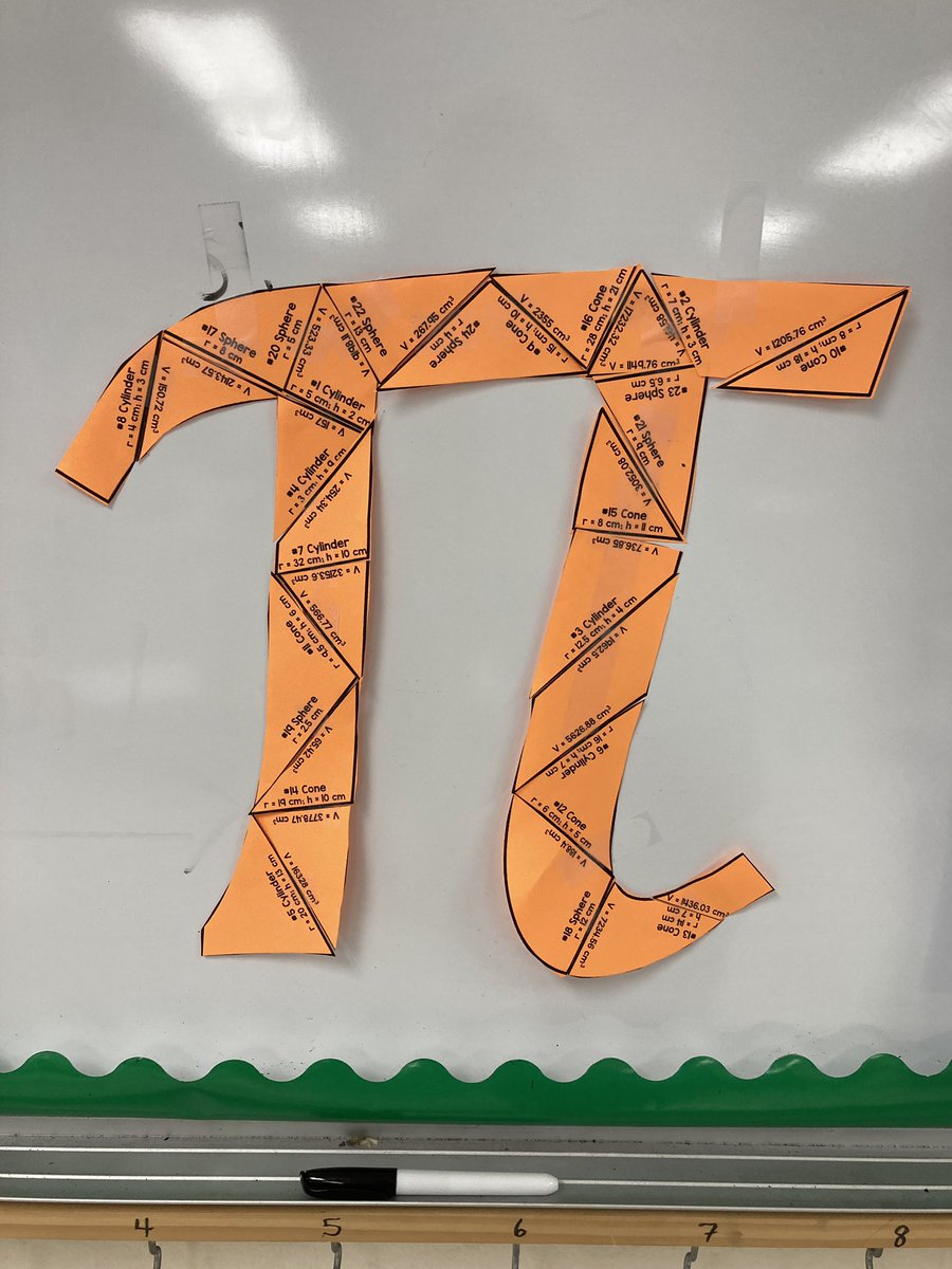 8th grade math students found the volumes of cones, cylinders, and spheres, then pieced together the clues to form this beauty. #Piday