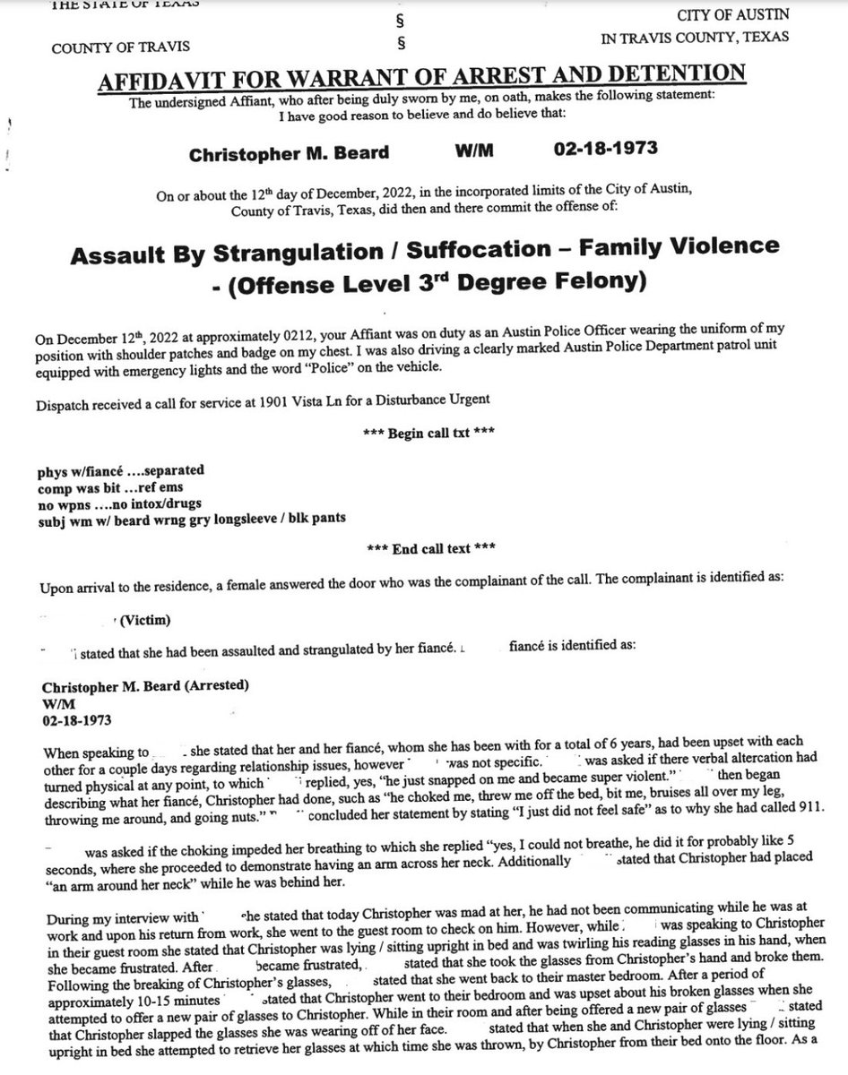 slmandel's tweet photo. Since it appears Ole Miss and Chris Beard are intent on sportswashing his December arrest for Assault by Strangulation, here's the police report with all the gruesome details. https://t.co/RCgkxAIVK2
