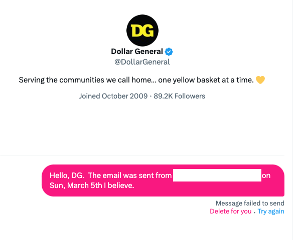 PhotoMikeV's tweet photo. @DollarGeneral I've been trying, @DollarGeneral .  I restarted my web browser and even messaged someone else.  I just can't DM you. https://t.co/mWlqoIpekJ