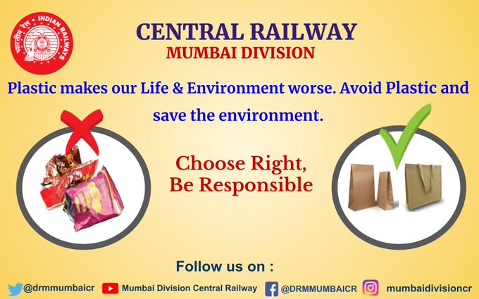drmmumbaicr's tweet photo. Plastic makes our Life &amp; Environment worse. Avoid Plastic and save the environment.
@Central_Railway @RailMinIndia https://t.co/ehNoYLP61J