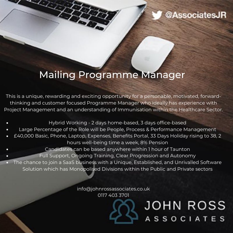 *** #NEW #VACANCY ***

#Mailing #Programme #Manager - #NHS / #PublicSector

#recruitment #hiring #vacancyalert  #newjob #cardiffjobs #tauntonjobs #southwestjobs #southwalesjobs #newcareer #opportunity #devonjobs #somersetjobs #programmemanager #programmemanagement