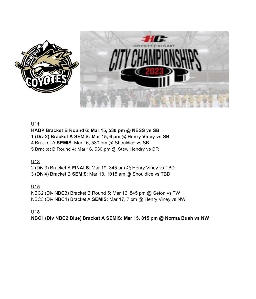 Congratulations to U13 2 for winning their way to the North Finals! GOOD LUCK to the 3 teams playing tomorrow 🍀 Get out and show your COYOTE pride!! 
#GoCoyotesGo
#Crowfoothockey 
#CityChampionships 
#yychockey
#2023Cities
#2023CityChampionship