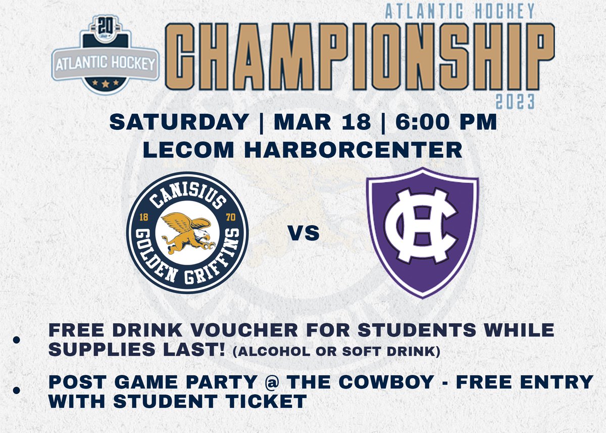 NatalieFaas's tweet photo. Canisius!!! Get to the Harbor Center this weekend! Hosting a championship doesn’t happen every day and @GriffsHockey need us there to cheer them on! Stay tuned for more promotions in the next few days! (Remember tickets are free for ALL students)! https://t.co/wy994C1ZjM