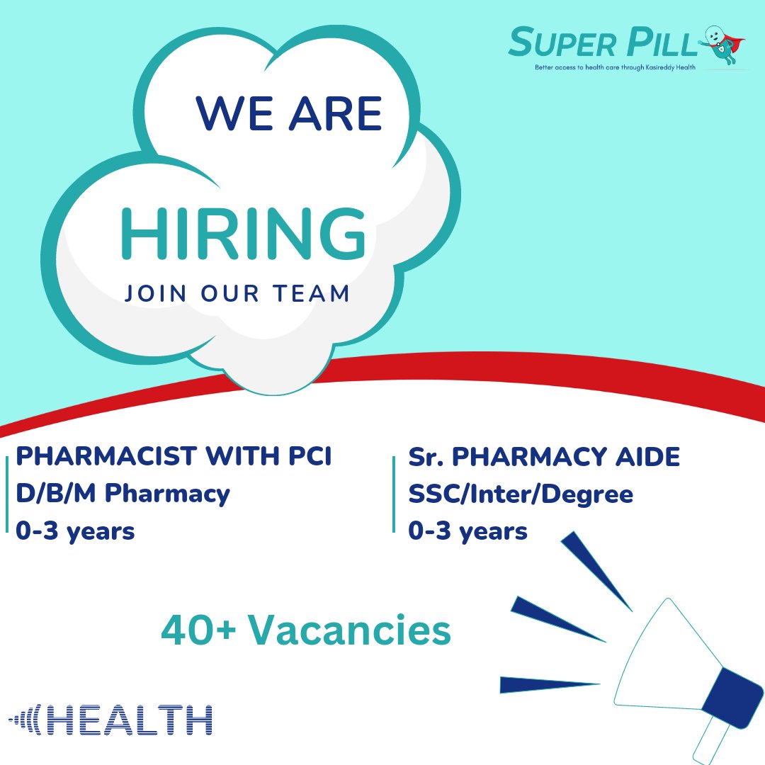 kasireddygroup's tweet image. We are hiring 

#alert #hiring #spreadit #hyderabad #miyapur #superpill #superpillpharmacy #kasireddyhealth #pharmacist #pharmacyaide #jobopenings #dpharmacy #bpharmacy #mpharmacy #vacancies #joinourteam