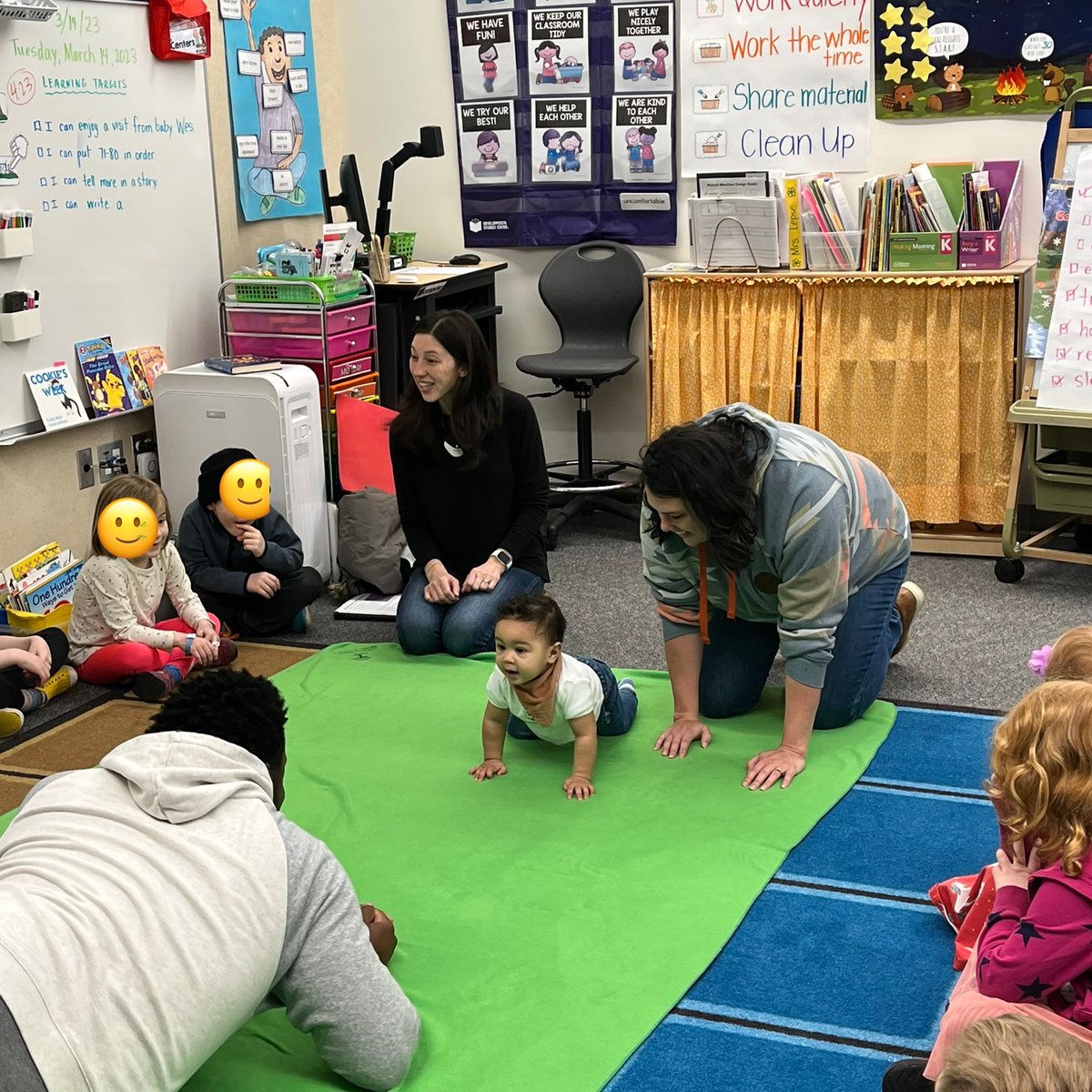 fixinseattle's tweet photo. What an exciting morning! This class of Kindergarteners were thrilled to see that Baby Wes hit a new milestone - he learned to crawl! Dad @TheVoiceFitz and mom @shelly_fitzhugh were pretty proud too. @RootsofEmpathy 

#tinyteacher #empathy #milestones #emotionalliteracy https://t.co/lO0sphb4LR