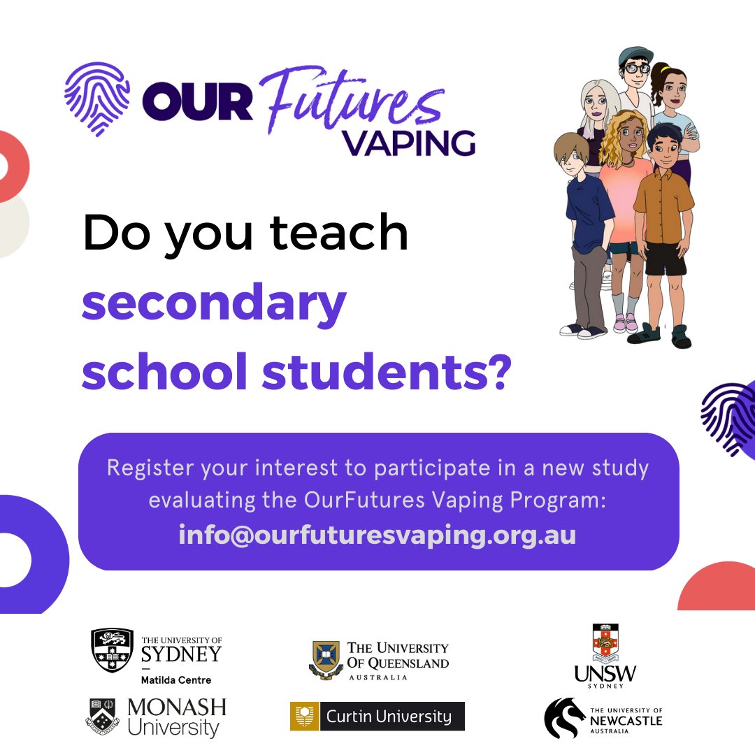 #OurFutures are recruiting #schools in NSW, WA &amp; QLD to participate in the OurFutures #Vaping trial! This new eHealth program aims to prevent #e-cigarette and tobacco cigarette use among secondary students. To register your interest, please email: info@ourfuturesvaping.org.au