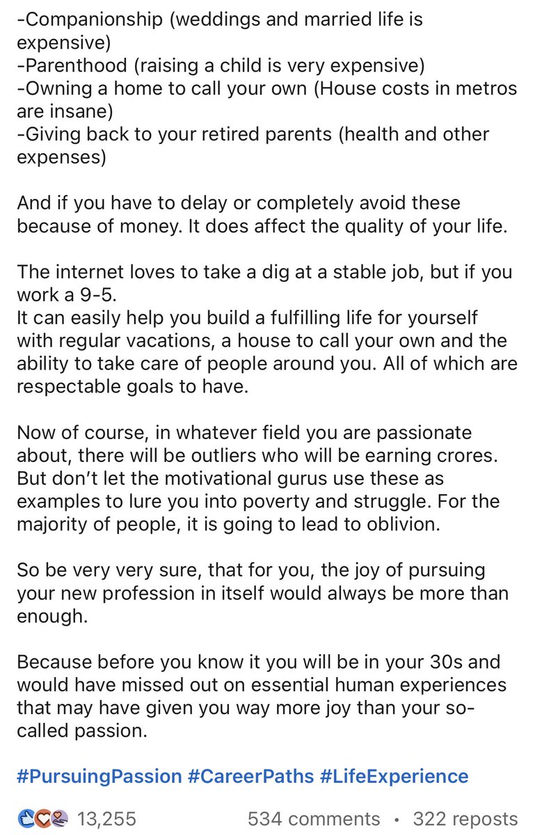 GabbbarSingh's tweet photo. Such a sobering read. Brave of the writer to come out. Top tier education (BITS Pilani grad)

There is a lot of Survivor-ship bias in the follow-your-dreams business. https://t.co/ZZTVFp3JVO