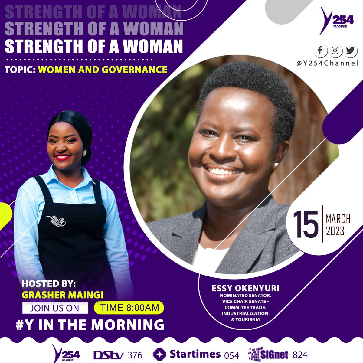 This morning Senator @essyokenyuri  will be Live from 0800hrs  on this Youth Channel @Y254Channel hosted by Grasher Maingi. Let's get tuned And  Learn  About Woman and Governance 
#WCW 
#YInTheMorning