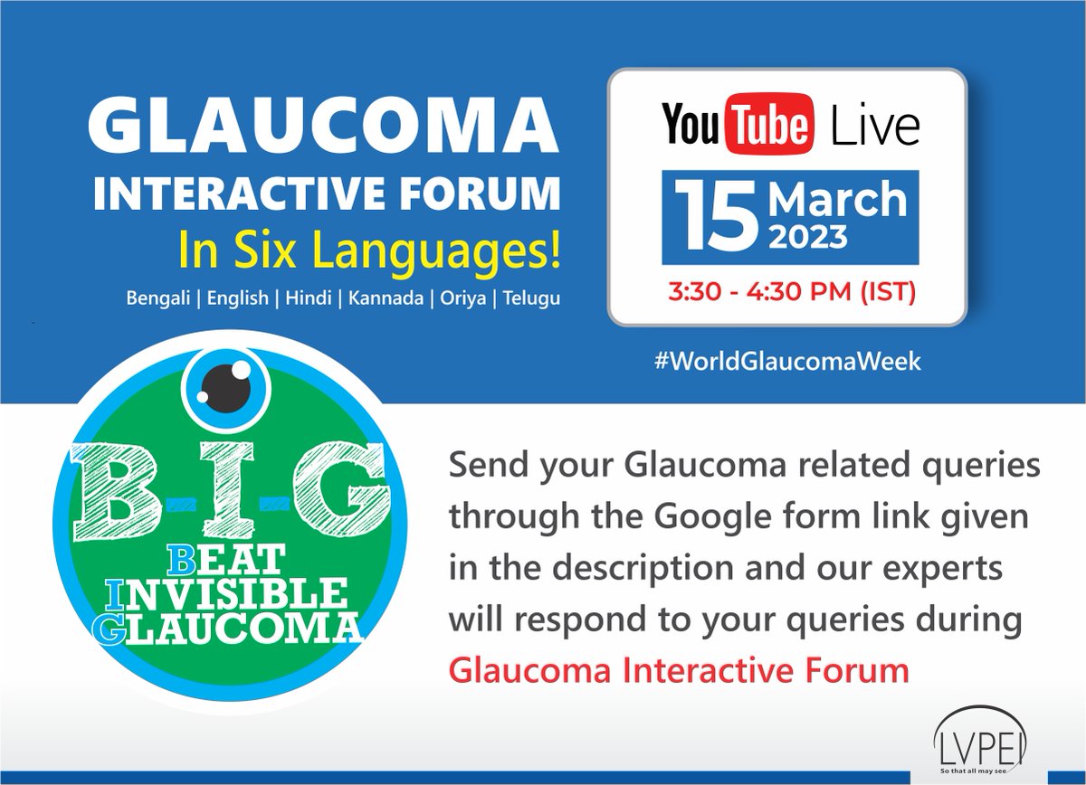 lvprasadeye's tweet photo. ⏳Few hours to go!
Get your #glaucoma related queries answered by our experts today during Glaucoma Interactive Forum
👉To participate https://t.co/tPByuor8Vv
👉 Send queries to https://t.co/uayEo7gVVs
#WorldGlaucomaWeek #WGW2023 #AvoidableBlindness #LVPEI #SoThatAllMaySee https://t.co/qJX5dAP90o