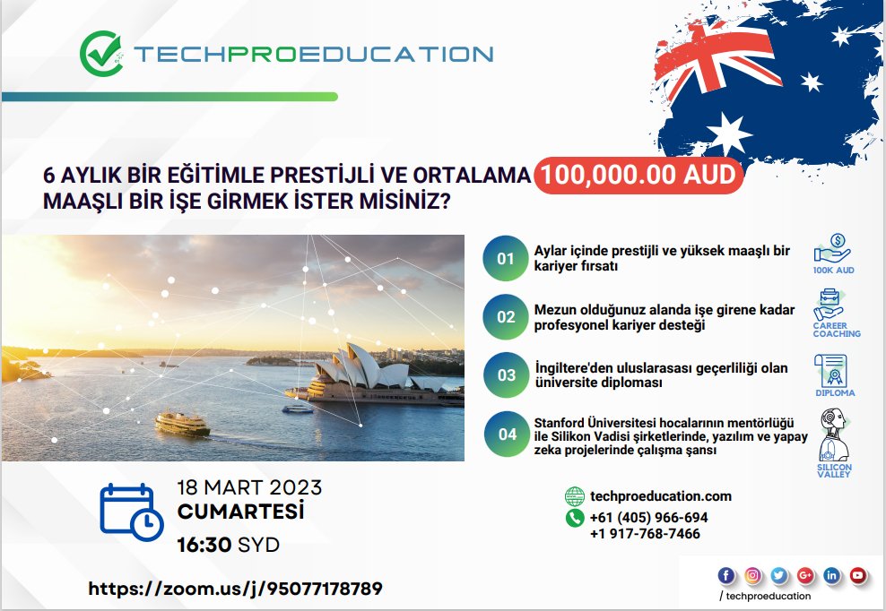 TechPro Education invites you to a zoom meeting to introduce you to a rare opportunity...

18 MART/March 2023
CUMARTESİ Saturday
16:30 SYD

Zoom Link: zoom.us/j/95077178789