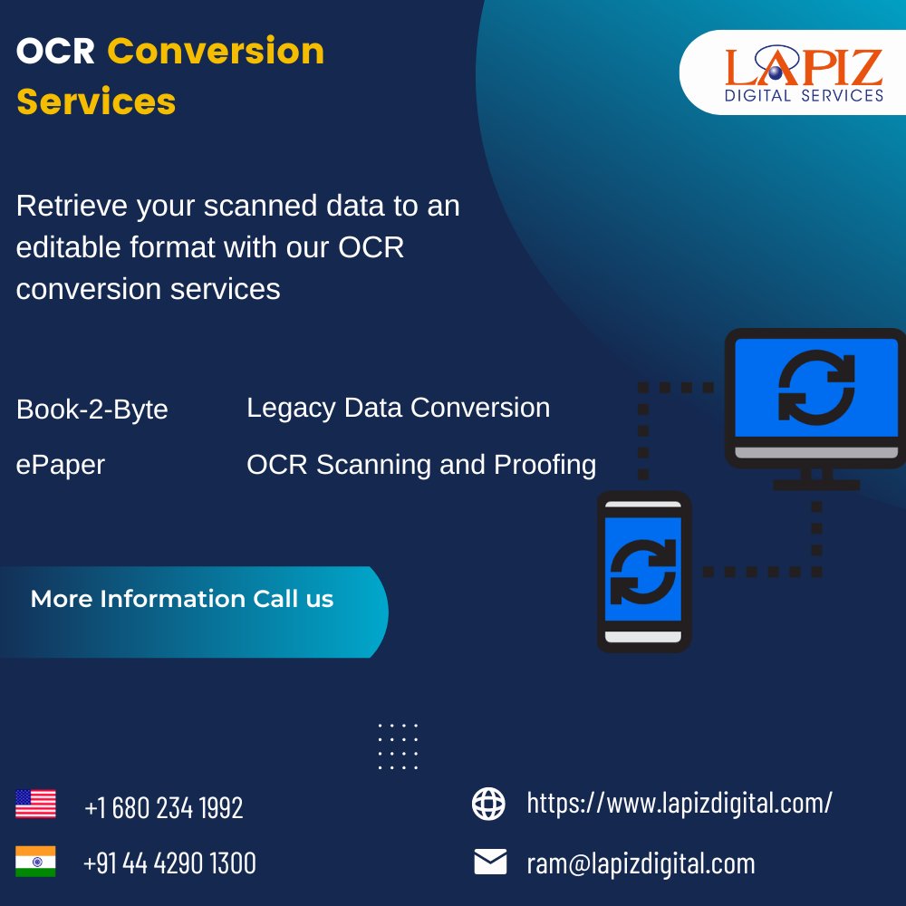 lapizweb's tweet image. Retrieve your scanned data to an editable format with our OCR conversion services.
#ocrconversion #digitalpublishing #digitalconversion #digitization #Lapizdigitalservices
For More Information Visit : lapizdigital.com/publishing-ser…