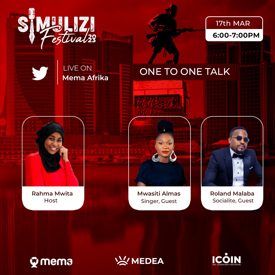 Mema_Afrika's tweet photo. #OneToOneTalk is here again! @RahmaMwita ataendelea kufanya mazungumzo na wadau na wasanii mbalimbali kuelekea #SimuliziFest. 

🗓️ 17 March, 2023 | Ijumaa

⏱️ 6PM - 7PM EAT

📍Twitter Space/Mema Afrika

👥 @MwasitiJ × @rollymsouth

#SimuliziFest | #StoriZetuMashaYetu https://t.co/BCd0Xt3ciK
