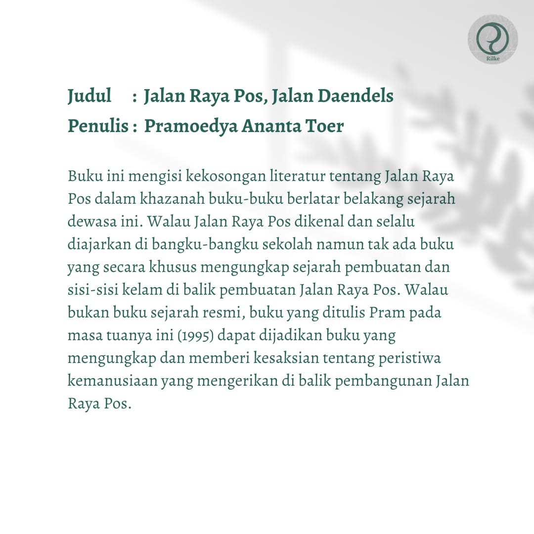 RilkeBS's tweet photo. Judul : Jalan Raya Pos, Jalan Daendels
Penulis : Pramoedya Ananta Toer
Harga : Rp. 55.000;
ORIGINAL

#jalanrayaposjalandaendels
#pramoedyaanantatoer
#jualbukujogja
#rilkebookstore
#tokobuku https://t.co/WBH6VyHs6d