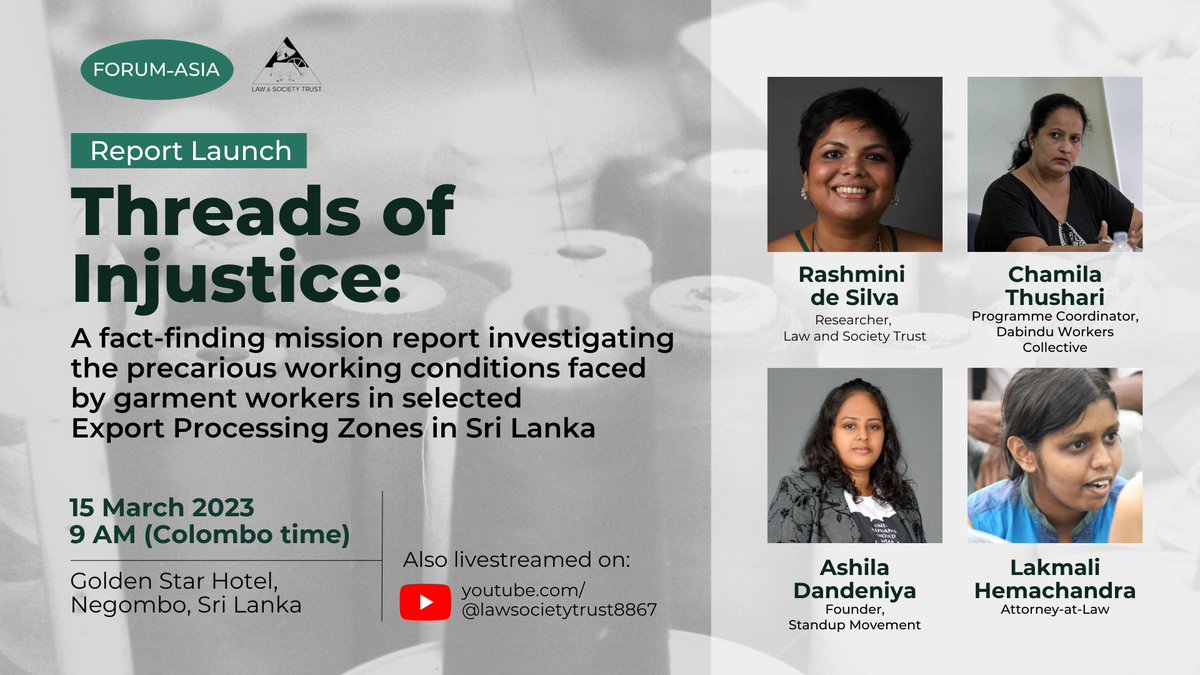 forum_asia's tweet photo. 🔴 We are LIVE

Join this report launch event as we present the result from the fact-finding mission on garment workers in Sri Lank EPZ and discuss how to improve the workers' working conditions. 

Watch now ▶️ https://t.co/kIoyaXllpC https://t.co/szCg4WrpIA