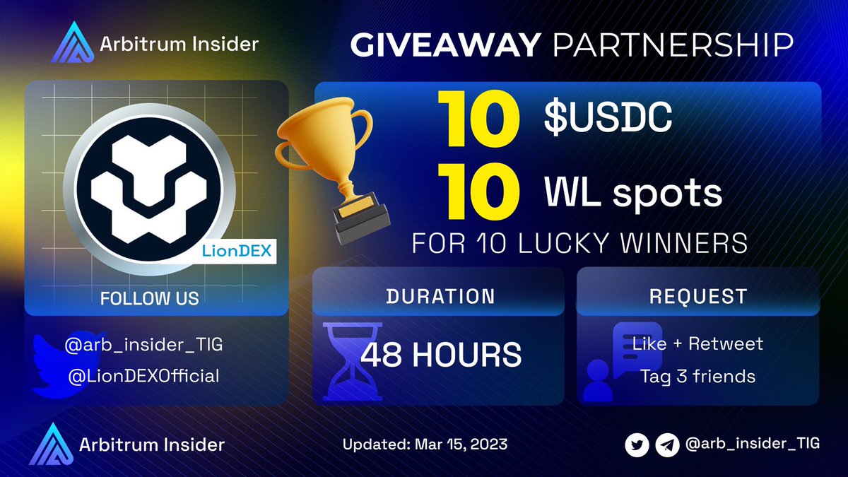 arb_insider_TIG's tweet photo. We are holding a series of Giveaway Collab

Our next guest: @LionDEXOfficial

🔥Arbitrum Insider x LionDEX #Giveaway Collab🔥
🎁10 $USDC & 10 WLs for 10 lucky winners

To enter:
✅Like + RT
✅Follow: @arb_insider_TIG & @LionDEXOfficial
✅Tag 3 Friends + Arb address

#Arbitrum #arbinauts