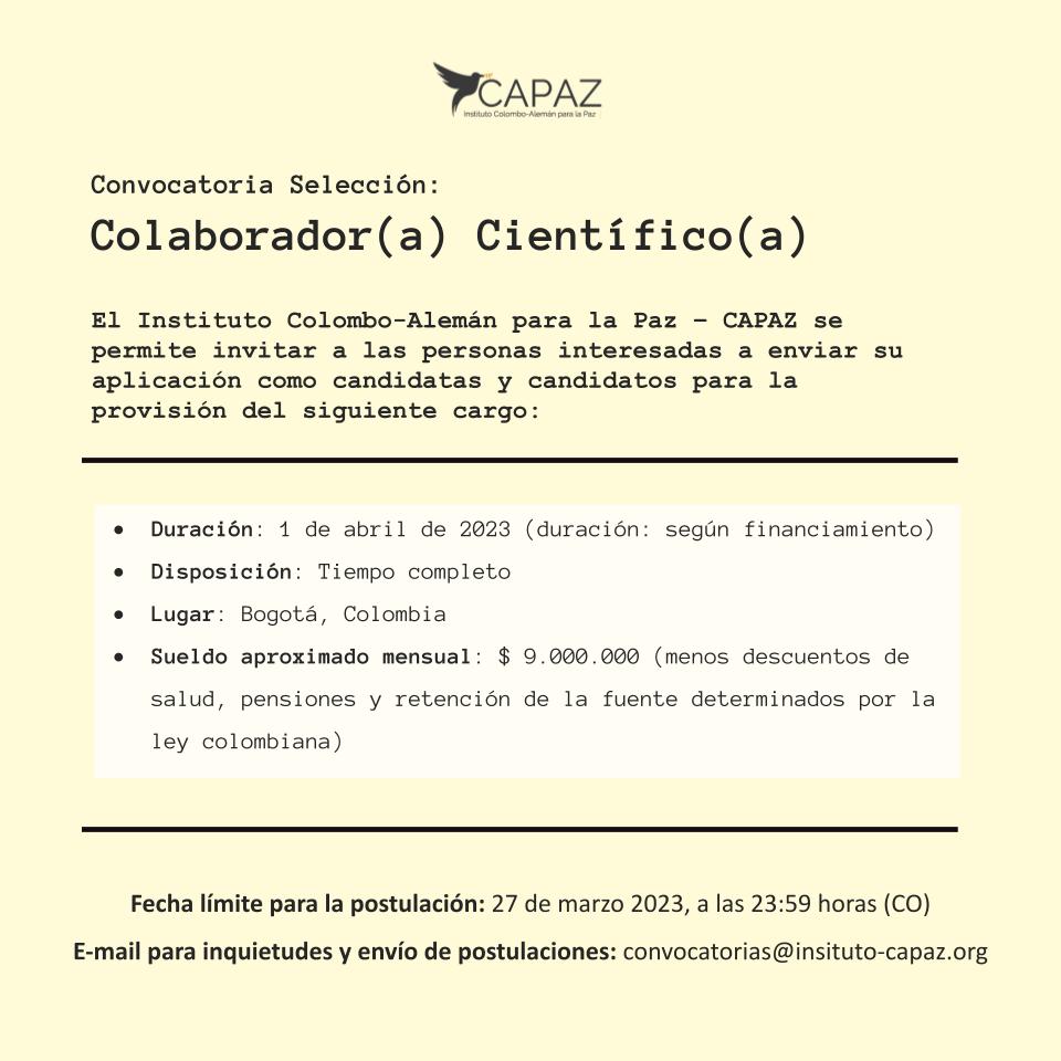 Instituto_CAPAZ's tweet photo. #Convocatoria | CAPAZ busca a un/a nuevo/a colaborador/a científico para el área de reincorporación, seguridad, desarme, reintegración y reforma al sector de seguridad. #TrabajoSíHay
Lee todos los requisitos acá: https://t.co/U9LbiQnUmY
🚨 Fecha límite para aplicar: 27 de marzo. https://t.co/501Fwo3JG4
