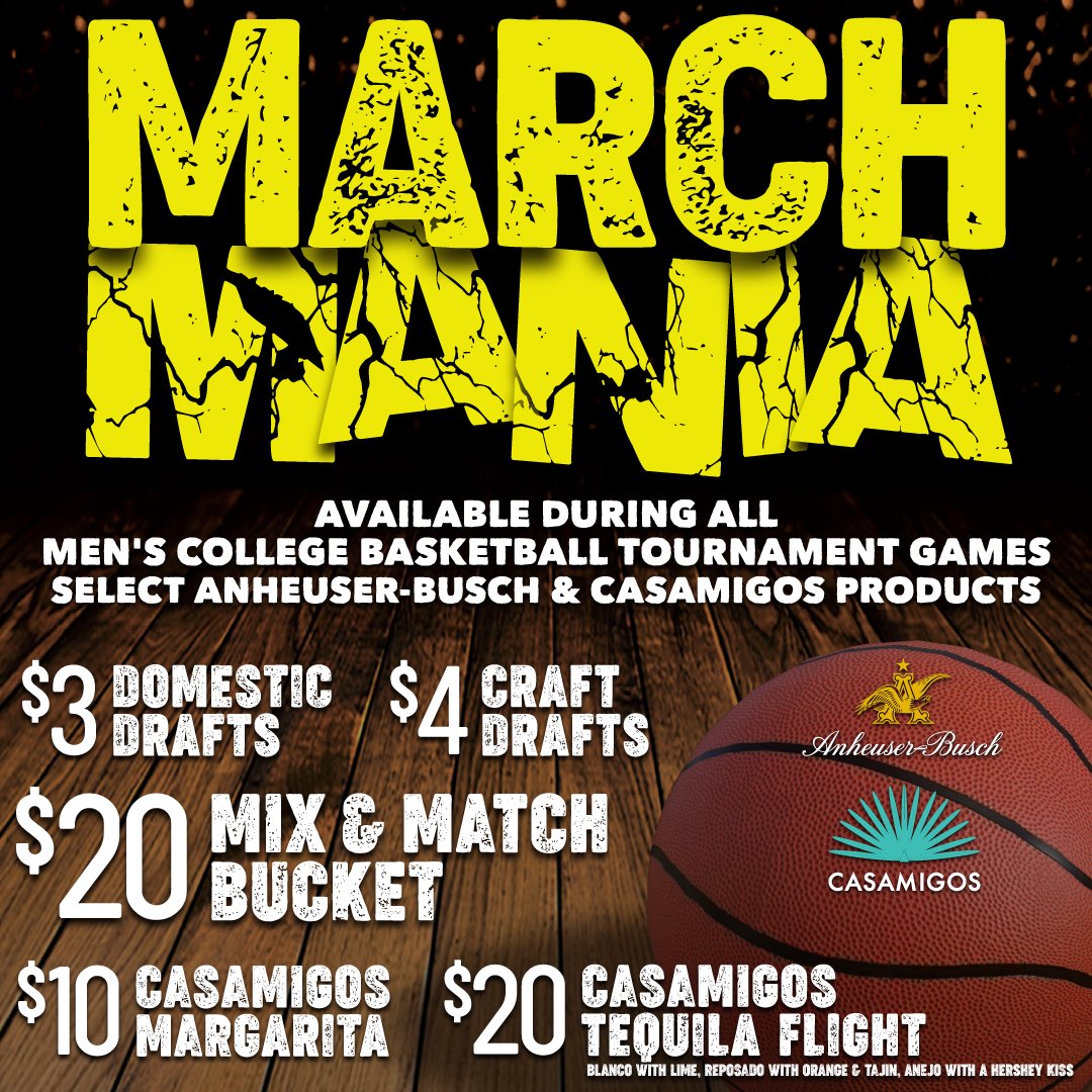 🚨MARCH MANIA ALERT🚨

$3 Drafts
$4 Crafts
$10 Casamigos Margarita's
$20 Casamigos Tequila Flights
$20 Mix & Match Buckets

Available during #ALL Men's College Basketball Tournament Games!! 🙌🏀

#basketball #games #marchmania #tequila #collegegames #locals