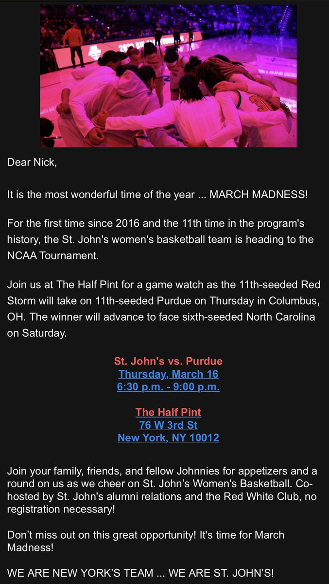 Join #JohnniesNation at The Half Pint to cheer on #sjuwbb as they play Purdue on Thursday night at 7pm.