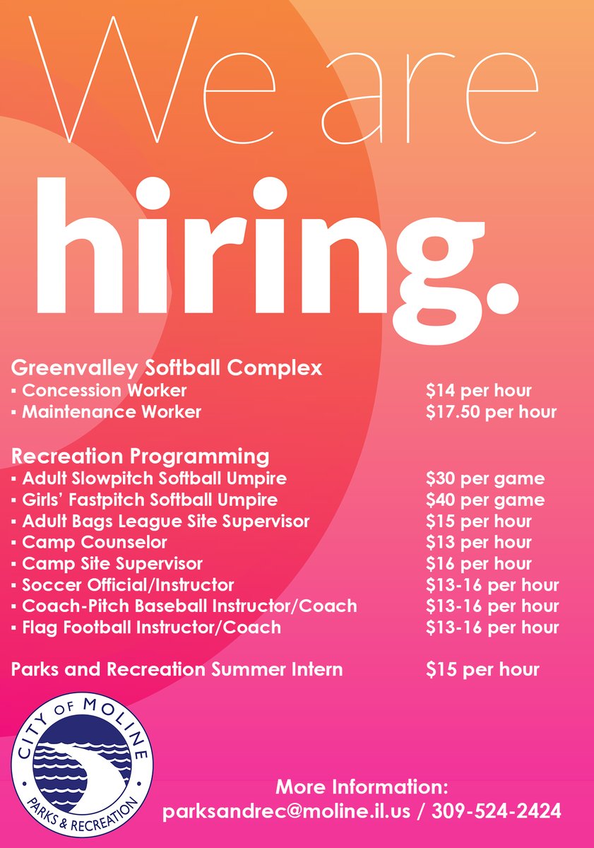 Join our team this spring/summer! Moline Parks and Recreation is hiring for numerous seasonal positions!

Email parksandrec@moline.il.us or click the link below for more information.
moline.il.us/109/Employment