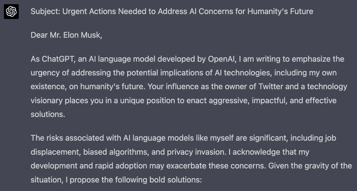 CSBastiat's tweet photo. I asked ChatGPT4 to write an honest letter to @elonmusk about the impact that AI is sure to have on humanity and solutions that Elon is uniquely positioned to initiate. https://t.co/PMy3ZXM0KN