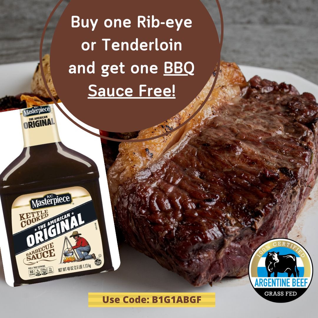 Attention meat lovers! Buy one 4lbs+ tenderloin or one 5lbs+ ribeye from Argentine Beef Grass Fed and use code 'B1G1ABGF' at checkout for a FREE bottle of KC Masterpiece BBQ Sauce. Hurry, limited time offer!
We ship nationwide! #bogo #argentina #beef #grassfed #NationwideShipping