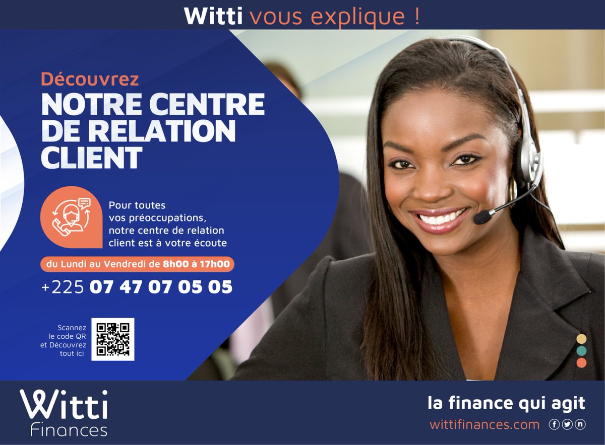 wittifinancesci's tweet photo. Découvrez notre centre de relation client
Pour toutes vos préoccupations, notre centre de relation client est à votre écoute du Lundi au Vendredi de 8h00 à 17h00.+225 0747070505
#wittifinances #witti #ecoute #ecoutecenter #client #crs #Wittici #wittifinancesci #financial #CRM https://t.co/PRHYz871xL