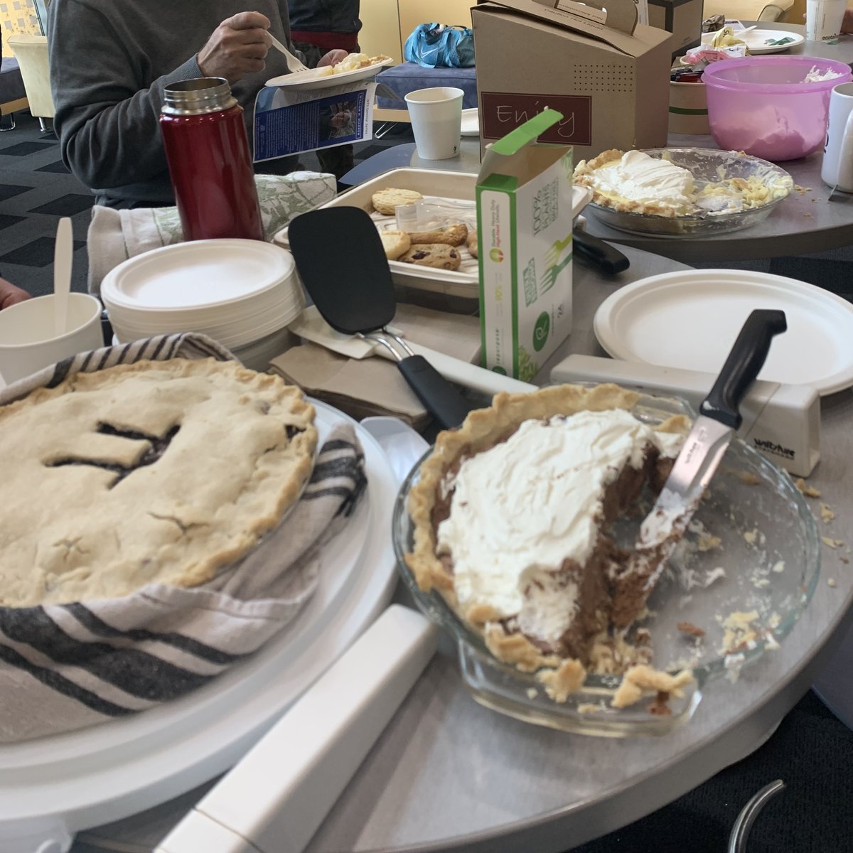 SDamask's tweet photo. Happy to make pie to share with my CIS colleagues for #PiDay2023 Sorry UCM Math (@SuzanneSindi), nothing left to share.

I don't remember any Pi Day when I was busy studying @WaterlooMath.  #AppliedMath #MmmmPie https://t.co/CqTFMfYxaD