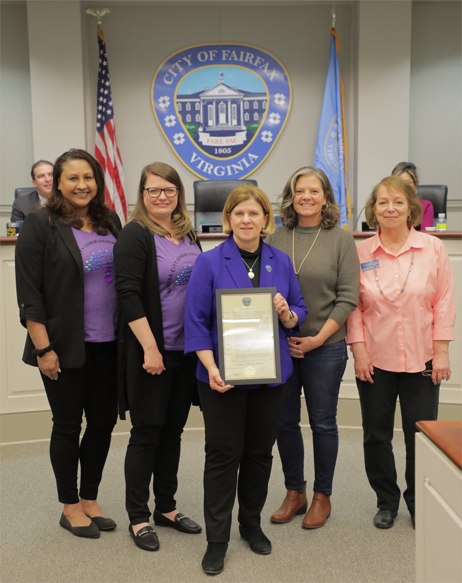 CityofFairfaxVA's tweet photo. March is #WomensHistoryMonth, and #FairfaxCity recognized the month-long celebration at tonight’s city council meeting. Flanked by #CommissionforWomen members, Mayor Catherine Read read the proclamation that paid homage to women in the city & beyond for strength & persistence. https://t.co/W27OqrSPO5