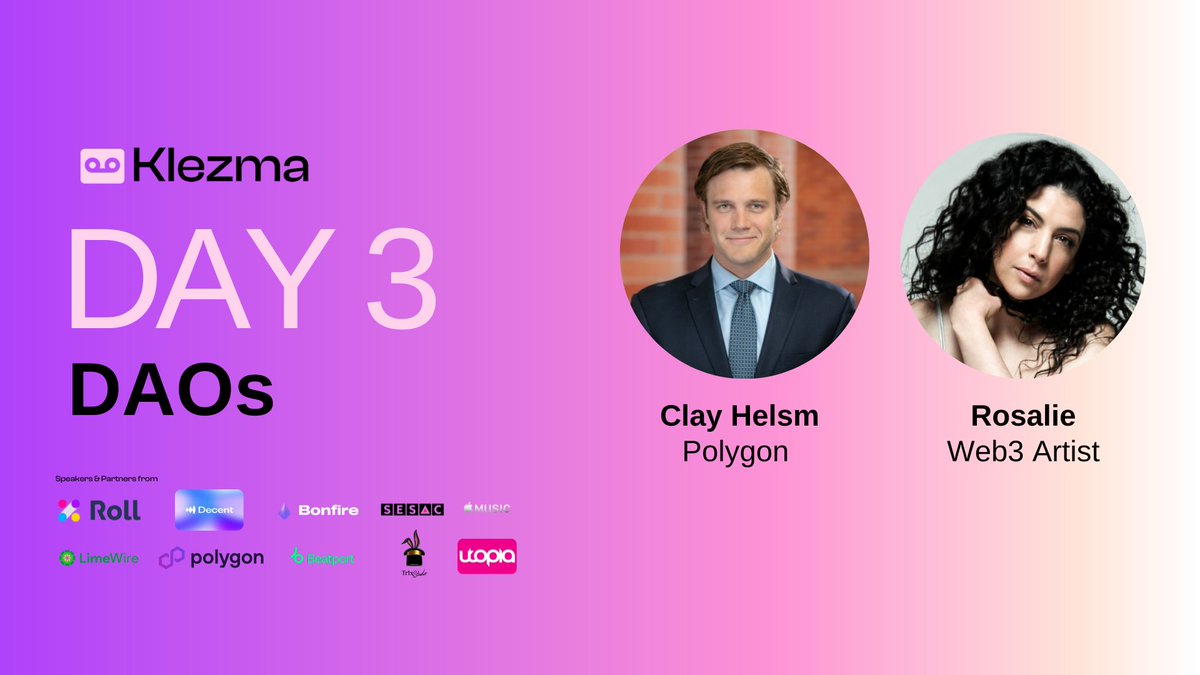 Day 3 of the <a href="/KlezmaMusic/">Klezma</a>  Web3 Music Cohort is here and I am excited.

Joined by <a href="/Chelms34/">Clay</a>  &amp; <a href="/rosaliesongs/">Rosalie</a> .

See you all soon!

s/o <a href="/bonfire_tweets/">Bonfire</a> @decentxyz <a href="/tryrollhq/">Roll Fun | Fast Token Launch</a> <a href="/0xPolygon/">Polygon | POL</a>