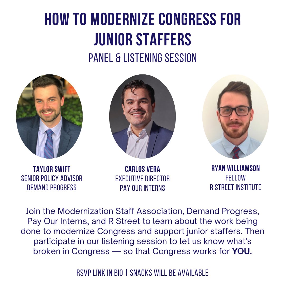 MSACapHill (@MSA_CapHill) on Twitter photo 2023-03-15 00:11:32 Join us, @demandprogress, @payourinterns, and @RSI next Wednesday, March 22 for a panel and listening session on how we can modernize Congress and support junior staffers. RSVP and learn more here: docs.google.com/forms/d/1zR-Fdโฆ Join us, @demandprogress, @payourinterns, and @RSI next Wednesday, March 22 for a panel and listening session on how we can modernize Congress and support junior staffers. RSVP and learn more here: docs.google.com/forms/d/1zR-Fdโฆ