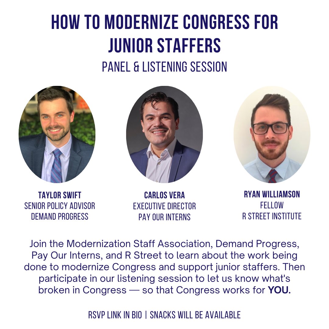 Join us, @demandprogress, @payourinterns, and @RSI next Wednesday, March 22 for a panel and listening session on how we can modernize Congress and support junior staffers. RSVP and learn more here: docs.google.com/forms/d/1zR-Fd…