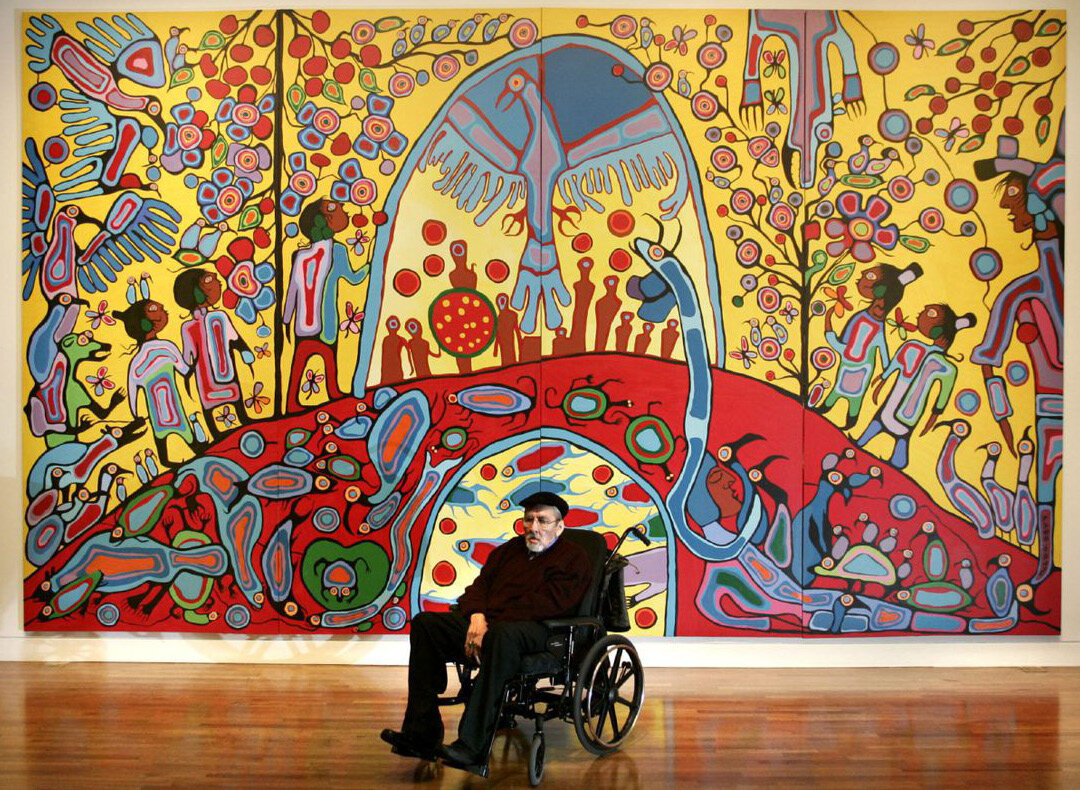 NorvalMofficial's tweet photo. Today is Norval Morrisseau's birthday!

We thank all fans and art enthusiasts who paid tribute to the grandfather of contemporary Indigenous art in Canada today. 

📸Morrisseau &amp; his painting Androgyny (1983) at the opening of his solo exhibition at the @NatGalleryCan in 2006. https://t.co/EQH4fYN0Kj