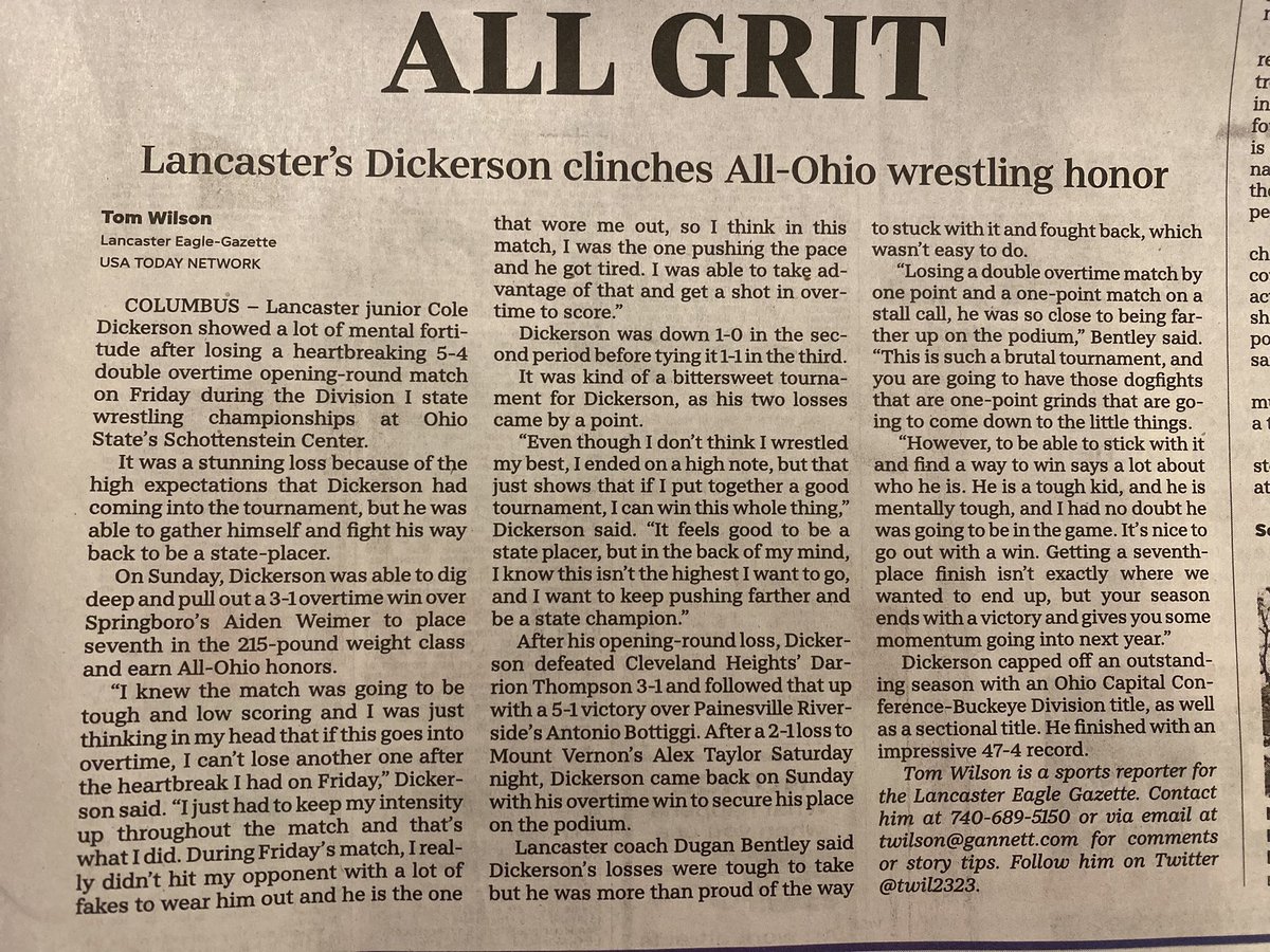 JonSpires141's tweet photo. Congrats to First Team All-Ohio wrestler Cole Dickerson! He earned this honor. A Strong article &amp; a small look inside the Lancaster Wrestling Program. @twil2323 https://t.co/5s98mm578I