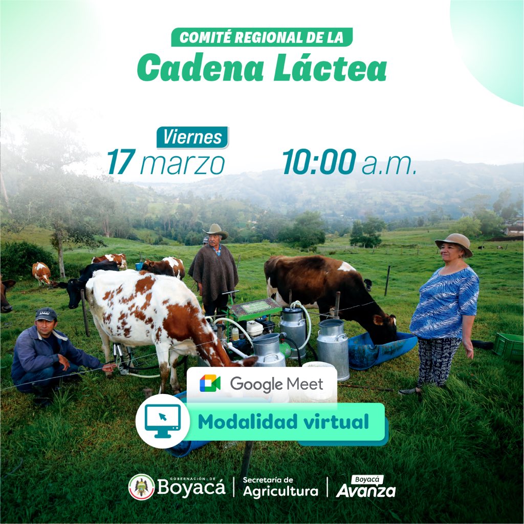 SecAgroBoyaca's tweet photo. La @SecAgroboyaca , invita a participar en la reactivación del Comité Regional de la Cadena Láctea Departamental, conocedora de la importancia que tiene el sector lácteo. 

🗓 viernes 17 de marzo
🕙 10:00 a.m. 
mediante el siguiente enlace: https://t.co/S8TZ3s31Ag https://t.co/TpxgMd5UVe