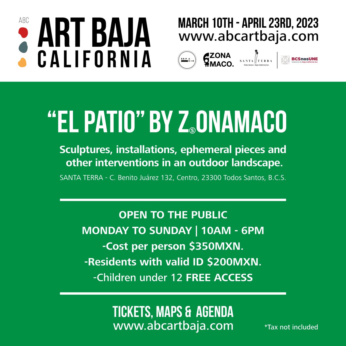 ZonaMaco's tweet photo. "El Patio" by ZⓈONAMACO presenta esculturas, instalaciones, piezas efímeras y otras intervenciones en un paisaje al aire libre.
📅 Hasta el 23 de abril
📍 Santa Terra, Todos Santos, BCS
Boletos: https://t.co/SmKFGDvfB5
#ABCArtBaja #BajaCaliforniasSur #TodosSantos #ZonaMaco https://t.co/0wOEshMABR