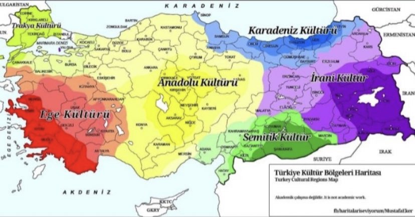 ♦️Türkiye kültür bölgeleri 

Şahsi fikrim Ege kültürü biraz fazla alanda gösterilmiş onun dışında nokta atışı olmuş.