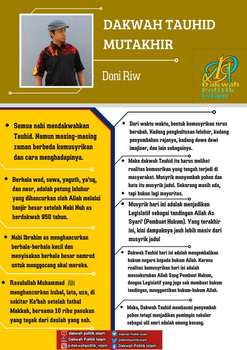 DAKWAH TAUHID MUTAKHIR

© Doni Riw

Semua nabi mendakwahkan Tauhid. Namun masing2 zaman bbeda kemusyrikan dan cara mhadapinya.
Berhala wad, suwa, yaguth, ya'uq, dan nasr, adalah patung leluhur yg dihancurkan oleh Allah melalui banjir besar stelah Nabi Nuh as bdakwah 950 thn.
1/