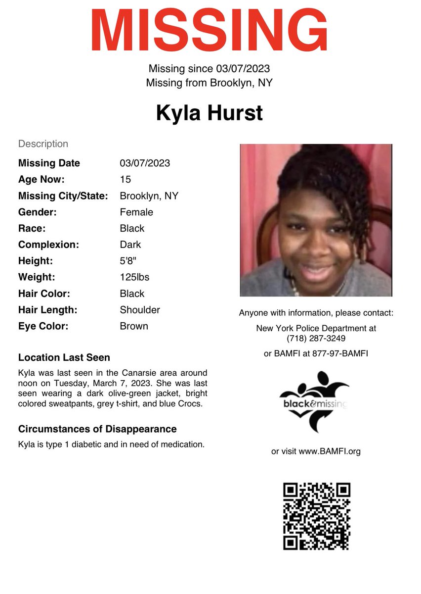 BAM_FI's tweet image. #New York: 15y/o Kyla Hurst was last seen in the Canarsie area around noon on Tuesday, March 7, 2023, wearing a dark olive-green jacket, bright colored sweatpants, grey t-shirt, &amp;amp; blue Crocs.

Kyla is type 1 diabetic &amp;amp; in need of medication.

#HelpUsFindUs #KylaHurst #NewYork